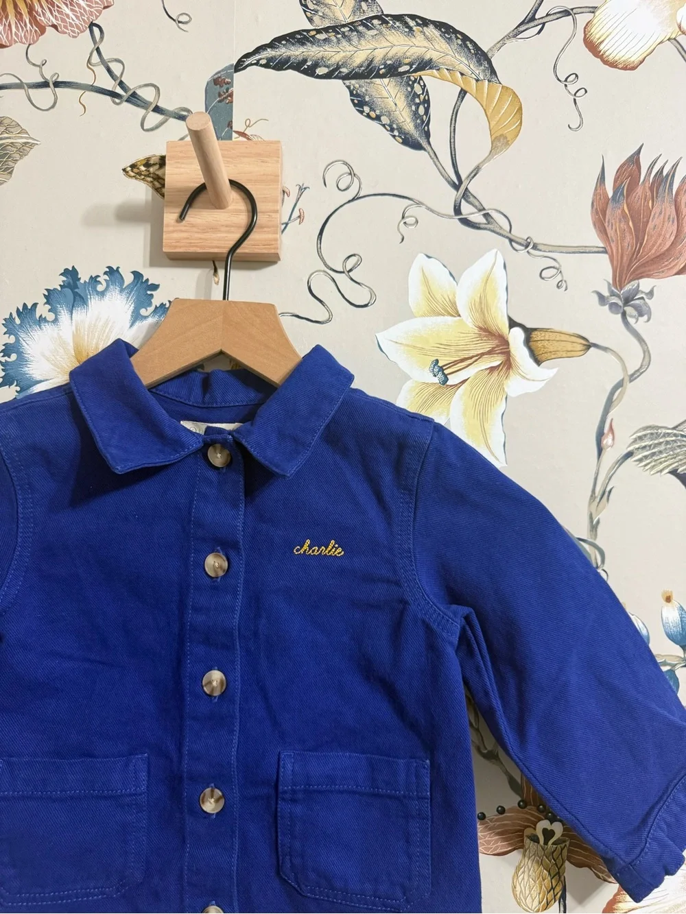 Sezane Royal Blue Button-Front Kids Jacket Charlie Name embroidered